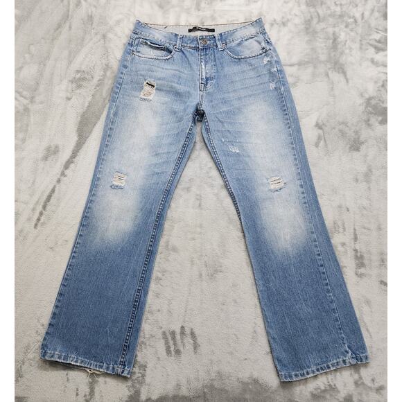 Vintage Y2K Rue21 BLACK Jeans Mens 31/32 Blue Distressed Mid Rise Bootcut Grunge - Picture 1 of 14